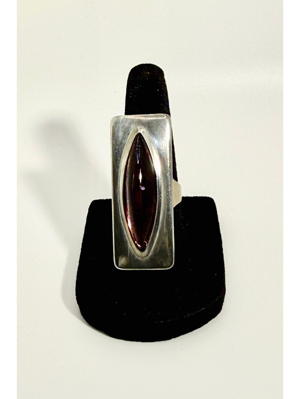 Jorgen Jensen, Pewter Modernist Ring with Purple Marquise Glass Cabochon